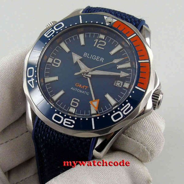 quality 41 mm bliger high blue dial sapphire glass gmt ceramic bezel automatic mens watch luxury clock, Slivery;brown